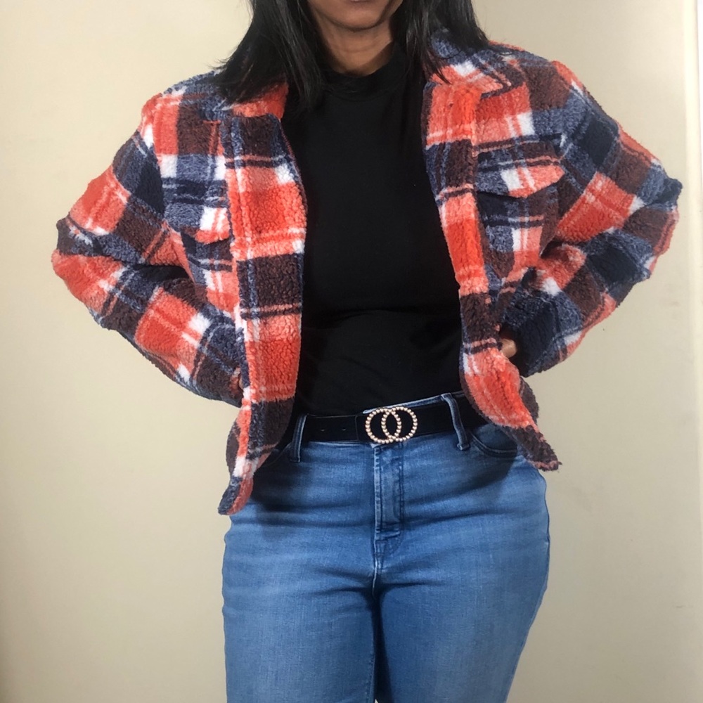 NWT Blue and Orange Plaid Button Up Sherpa Coat